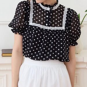 SIMPLE RETRO NATASHA POLKA DOT PRINT MOCK NECK PUFF SLEEVE CHIFFON BLOUSE